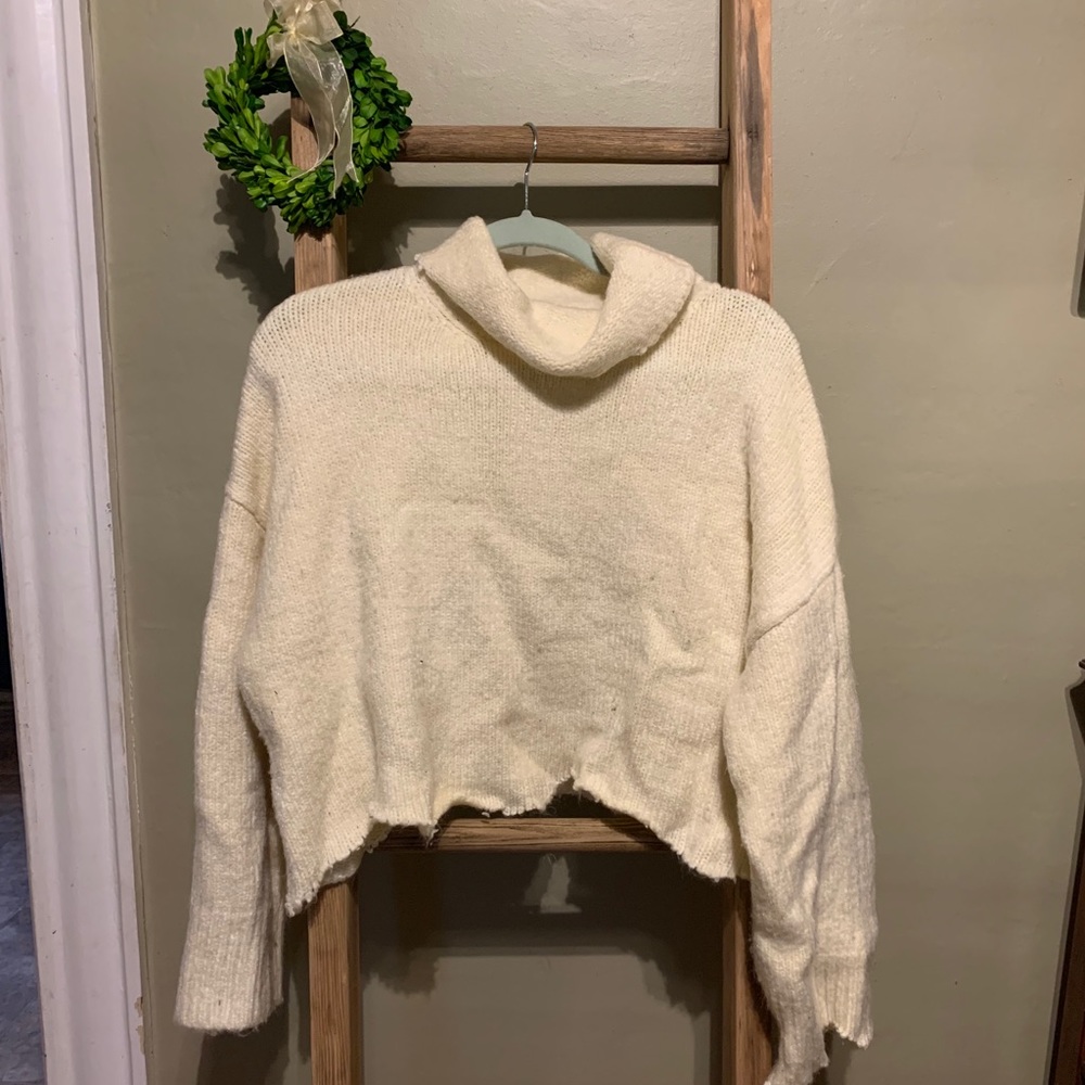 Cropped, distressed cowl neck sweater